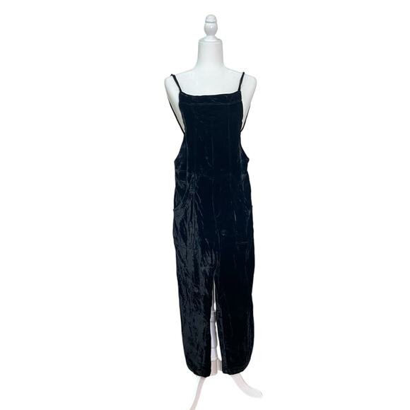 Free People Black Velvet Size S Wide Leg Drawstring Back Boho Weekender Overalls - Picture 2 of 12